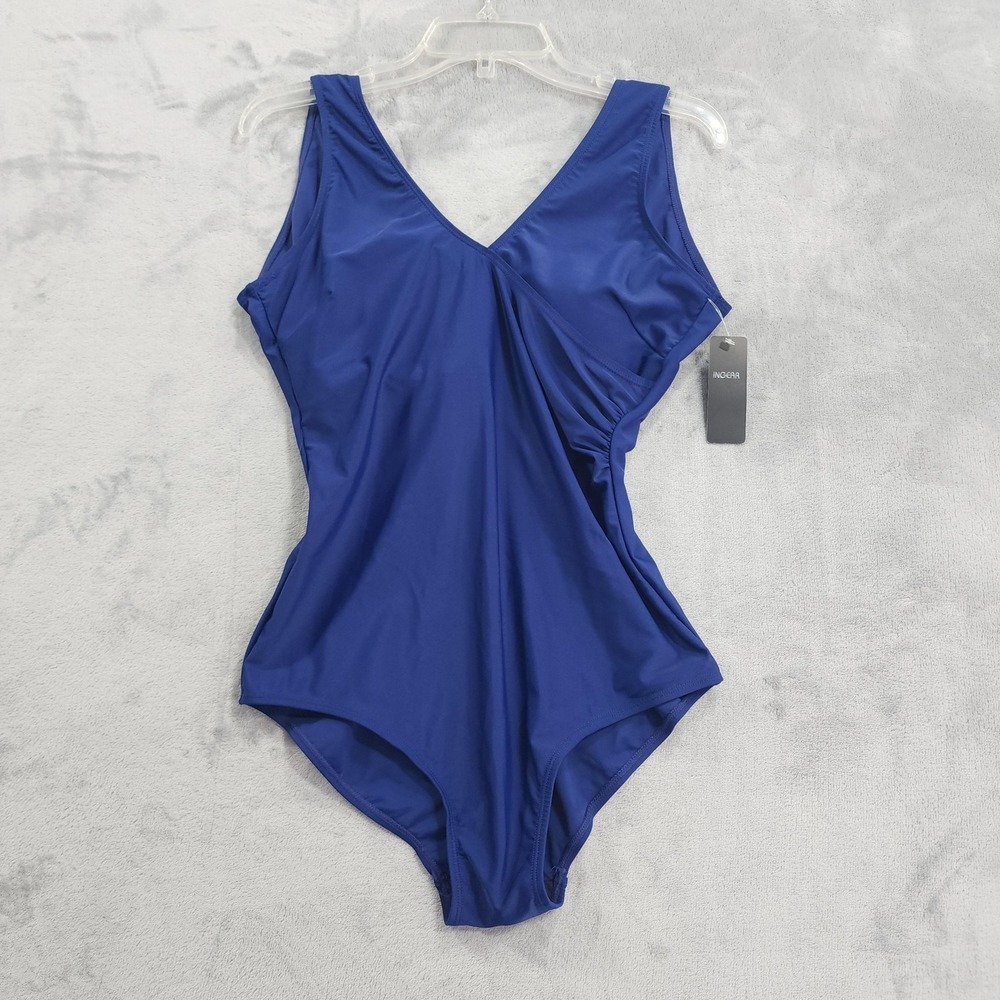 NEW Ingear Swimsuit Womens 12 Blue One Piece V-Neck Tank Padded Bra Beach